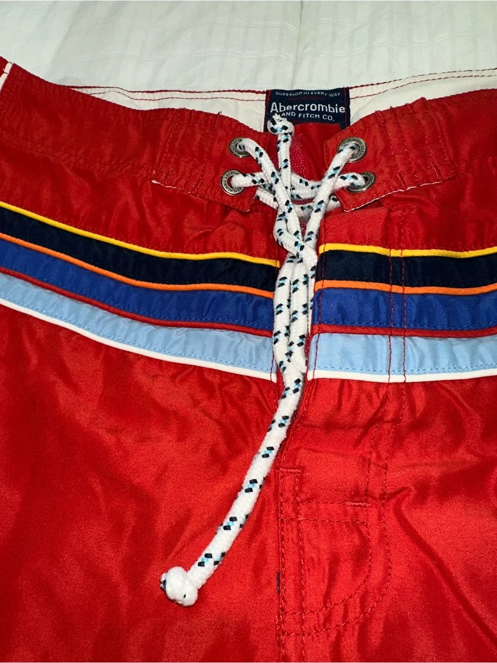 Abercrombie & Fitch Red Men’s Swim Board Shorts with Striped Waistband